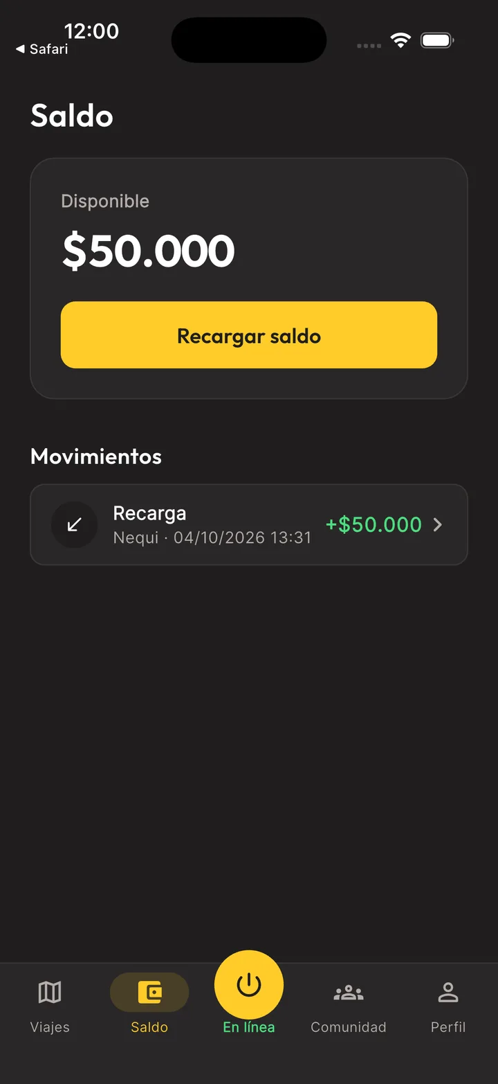 Pantalla de Saldo: $50.000 disponibles, botón para recargar y una recarga por Nequi