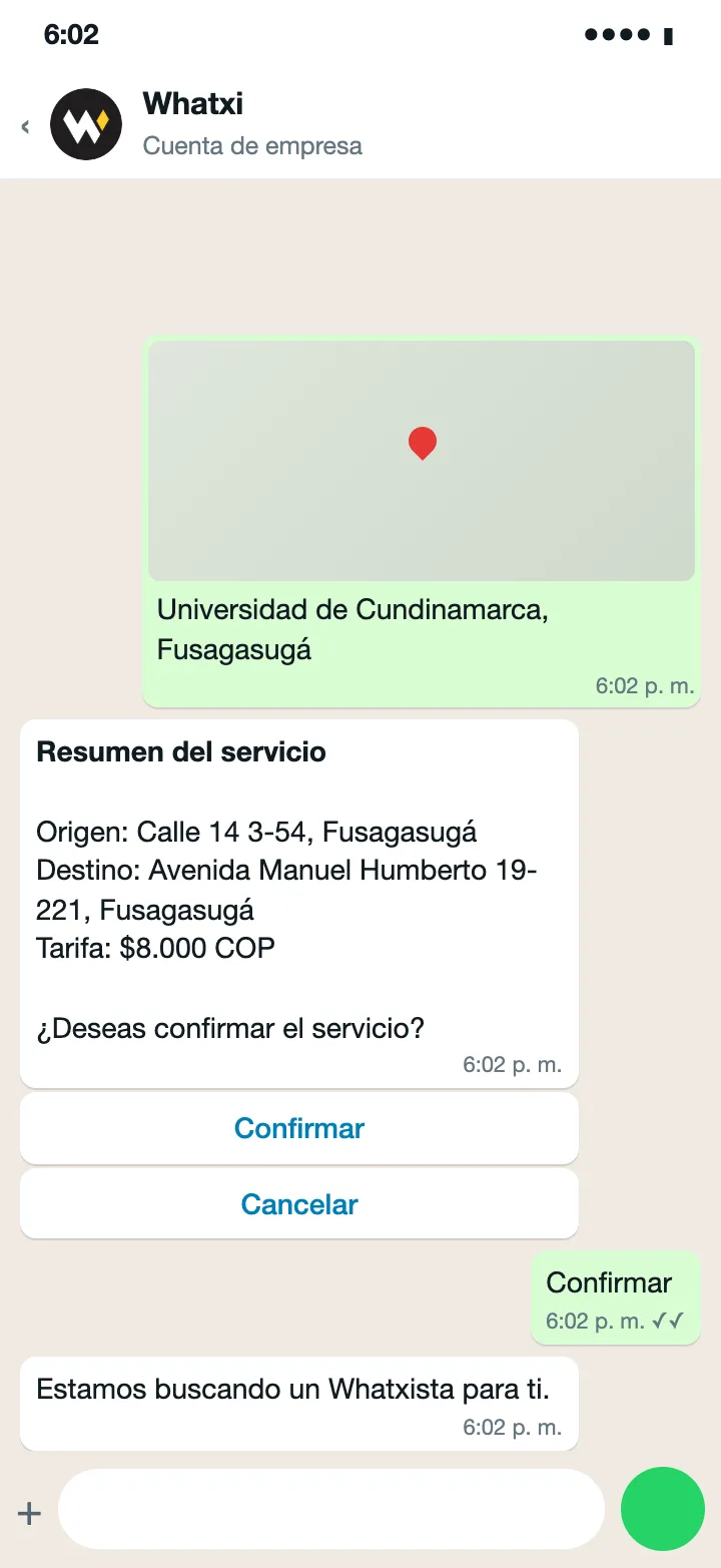 Chat con el resumen del servicio, la tarifa, la confirmación y la búsqueda del Whatxista